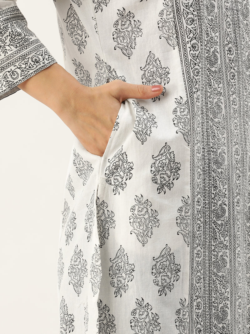 White & Black Ethnic Motifs Printed Straight Cut Kurta