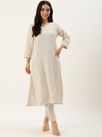 Beige Floral Embroidered Straight Cut Kurta