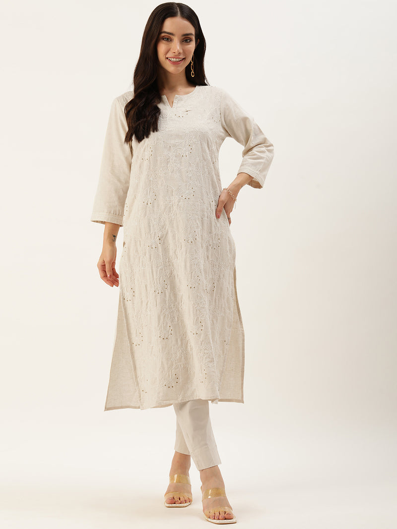Beige Floral Embroidered Straight Cut Kurta