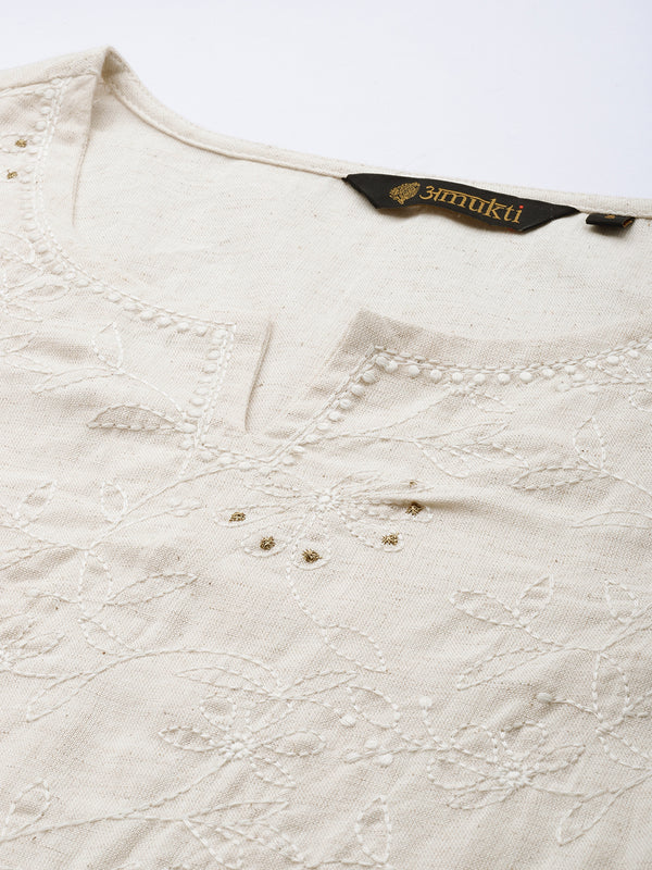 Beige Floral Embroidered Straight Cut Kurta