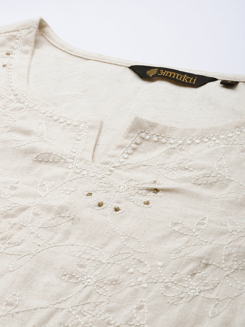 Beige Floral Embroidered Straight Cut Kurta
