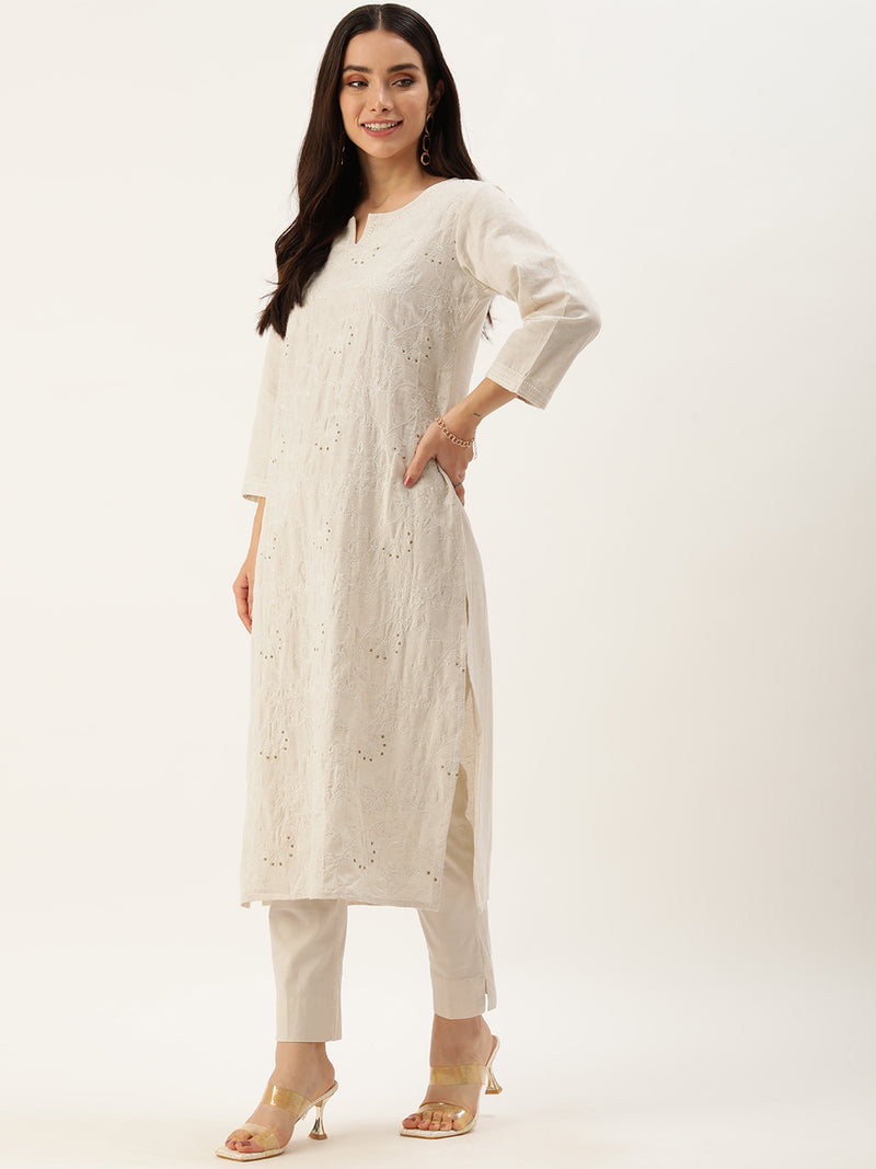 Beige Floral Embroidered Straight Cut Kurta