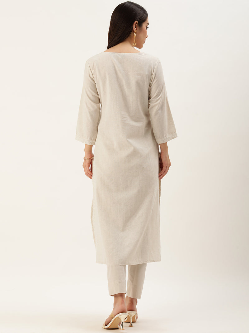 Beige Floral Embroidered Straight Cut Kurta