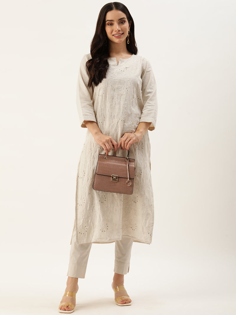 Beige Floral Embroidered Straight Cut Kurta
