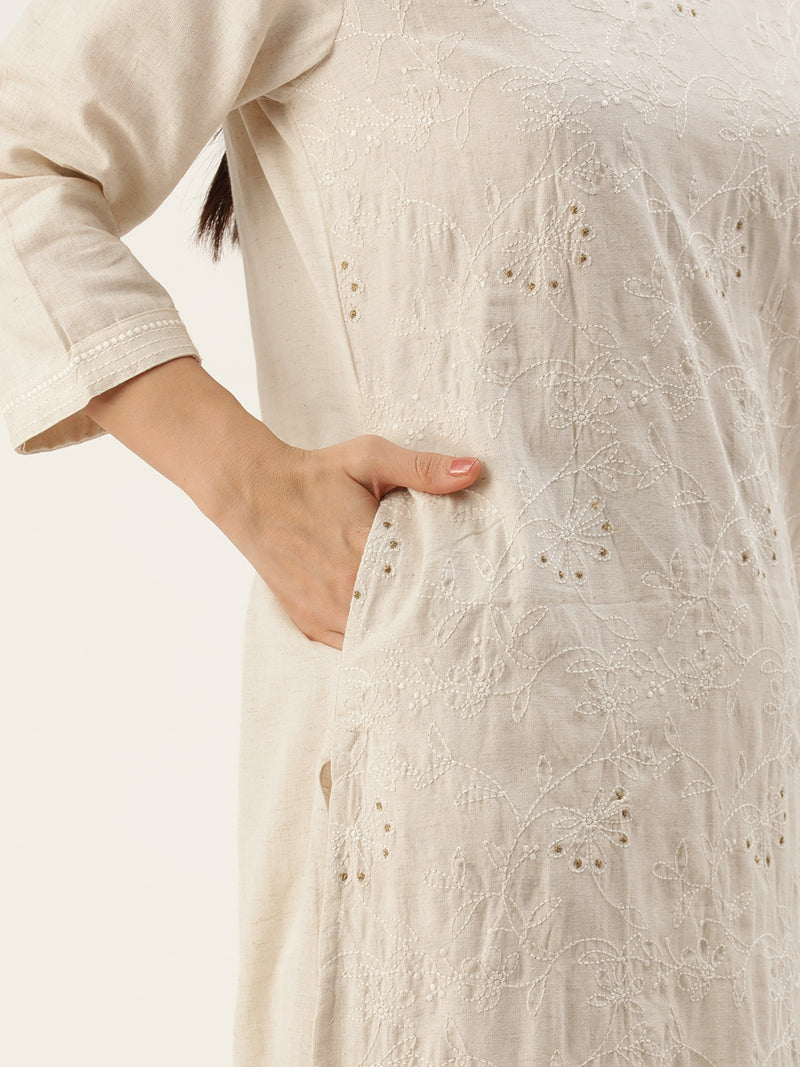 Beige Floral Embroidered Straight Cut Kurta