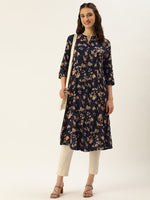 Navy Blue & Beige Floral Printed A-Line Kurta