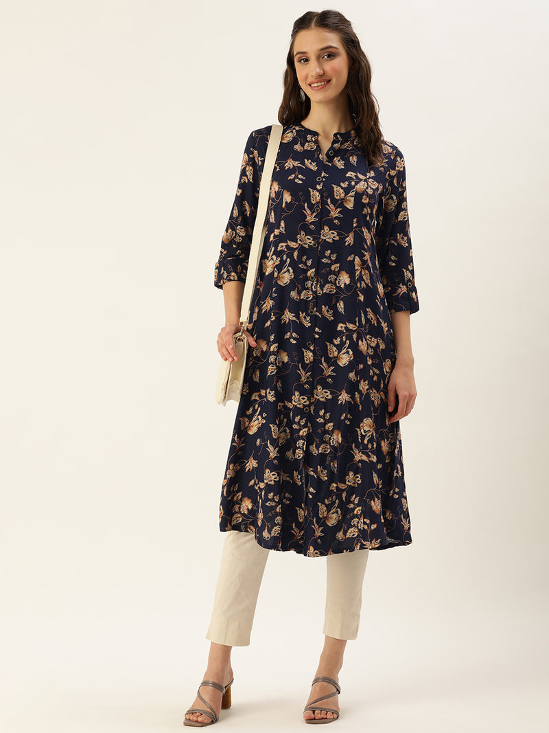 Navy Blue & Beige Floral Printed A-Line Kurta
