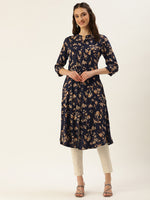 Navy Blue & Beige Floral Printed A-Line Kurta