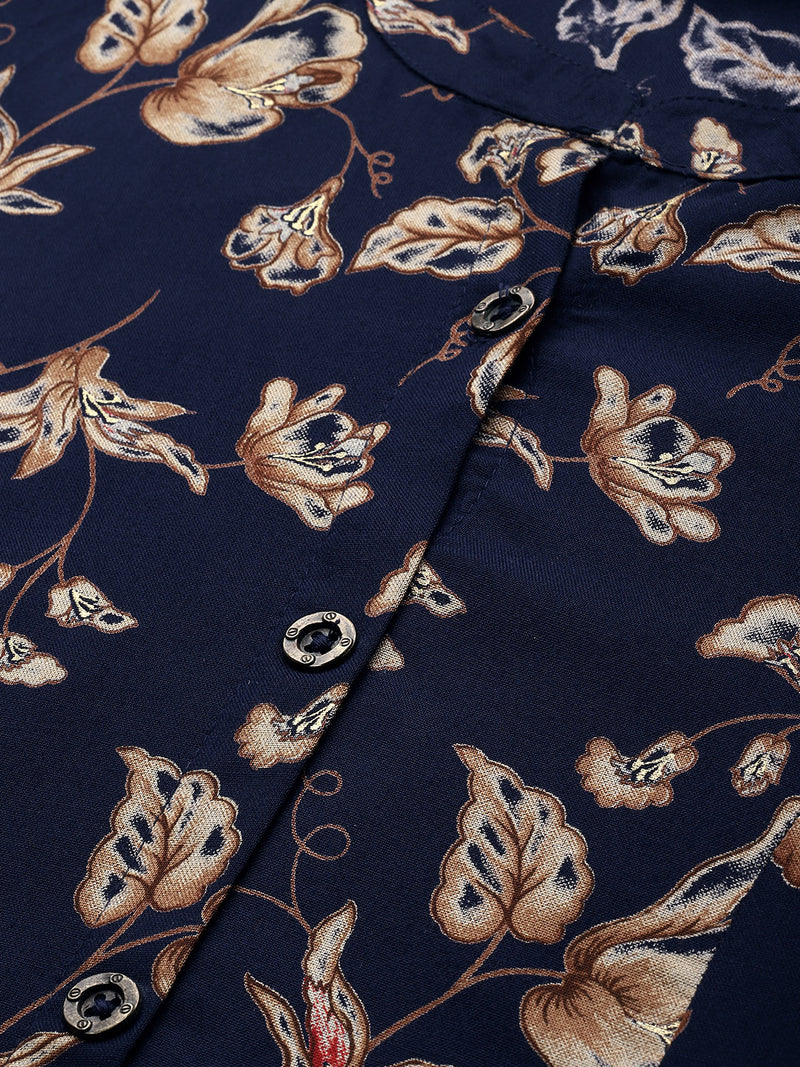 Navy Blue & Beige Floral Printed A-Line Kurta