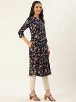 Navy Blue & Beige Floral Printed A-Line Kurta