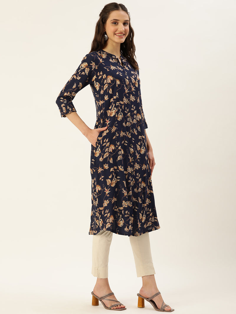 Navy Blue & Beige Floral Printed A-Line Kurta