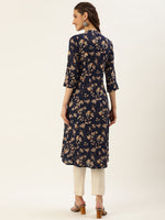Navy Blue & Beige Floral Printed A-Line Kurta