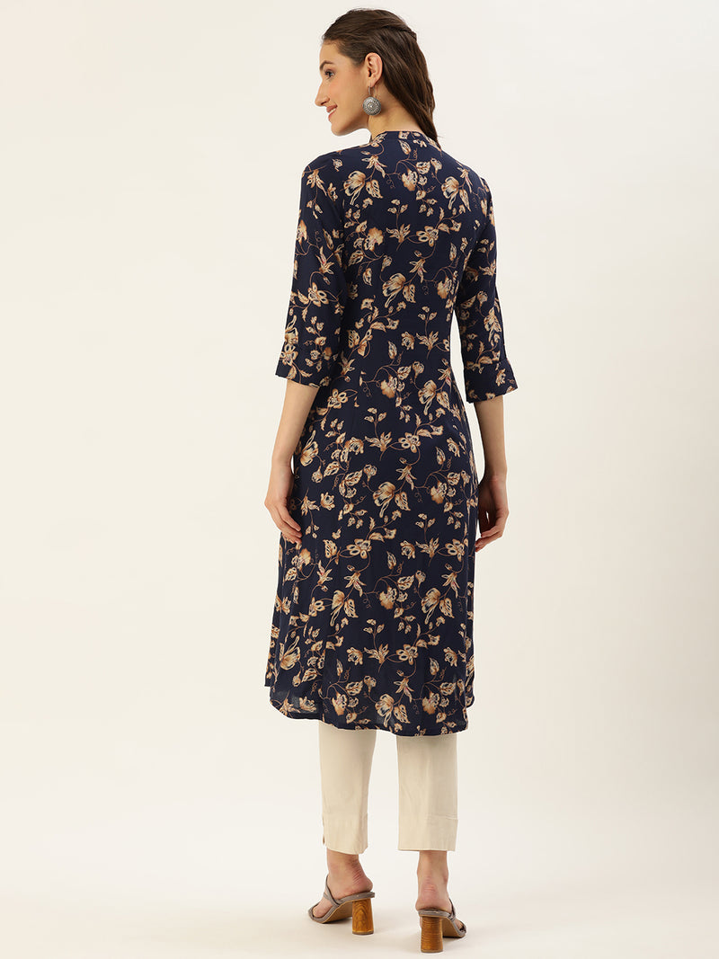 Navy Blue & Beige Floral Printed A-Line Kurta