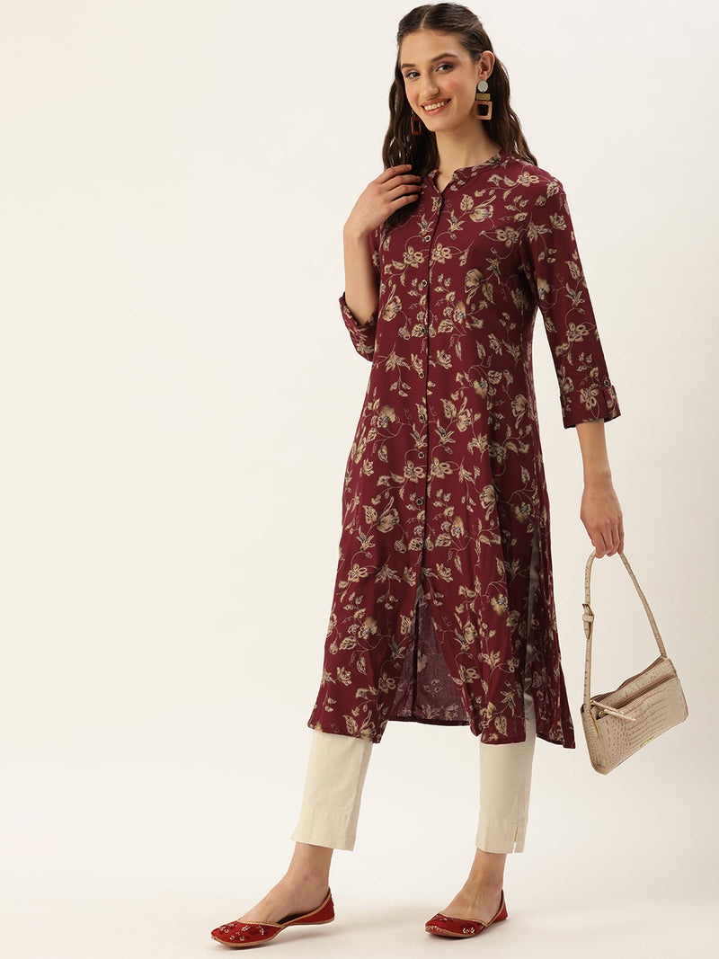 Red & Beige Floral Printed A-Line Kurta
