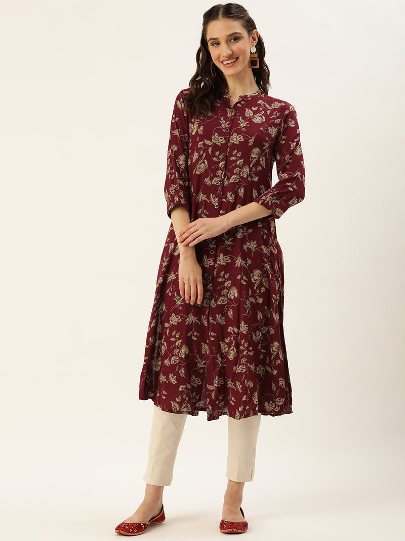 Red & Beige Floral Printed A-Line Kurta