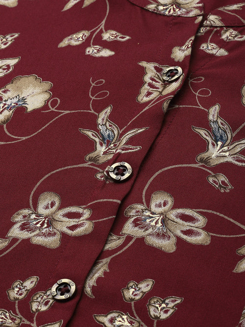 Red & Beige Floral Printed A-Line Kurta