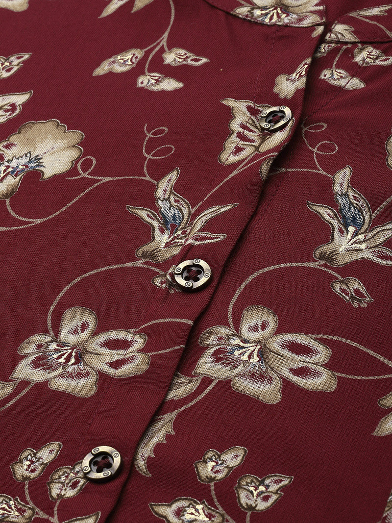 Red & Beige Floral Printed A-Line Kurta