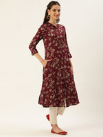 Red & Beige Floral Printed A-Line Kurta
