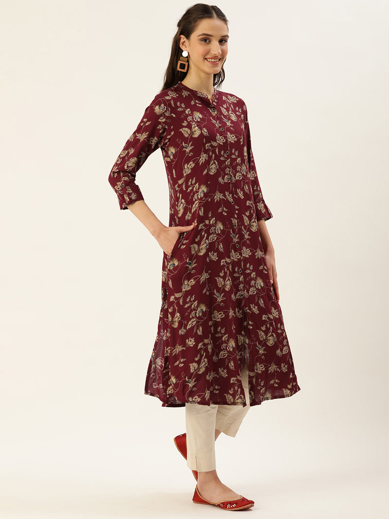 Red & Beige Floral Printed A-Line Kurta