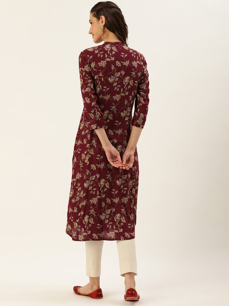Red & Beige Floral Printed A-Line Kurta