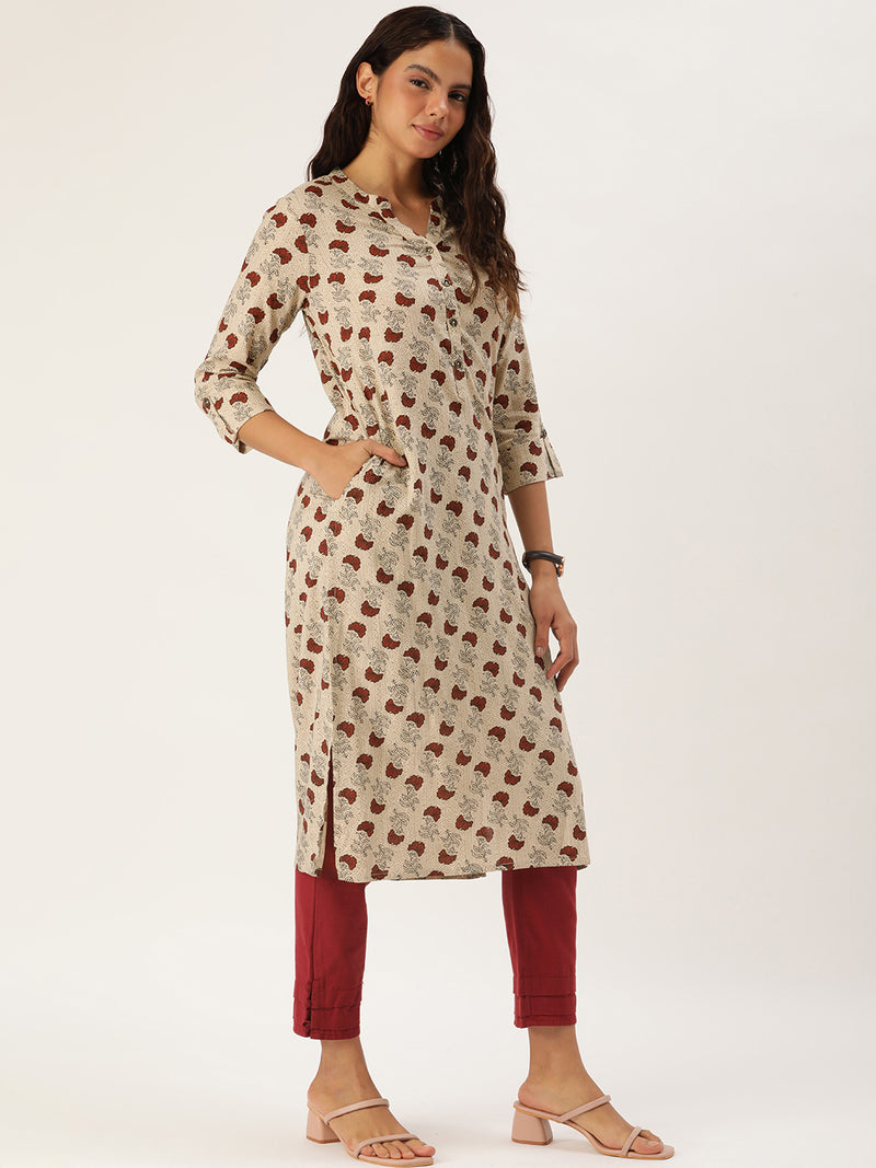 Beige Jal Floral Printed Kurta