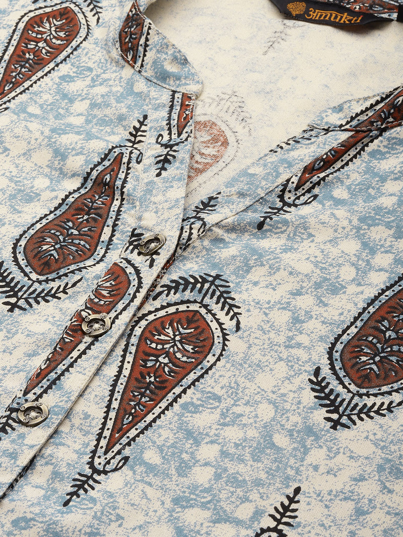 Blue & Multicolored Ethnic Motifs Printed Mandarin Collar Kurta