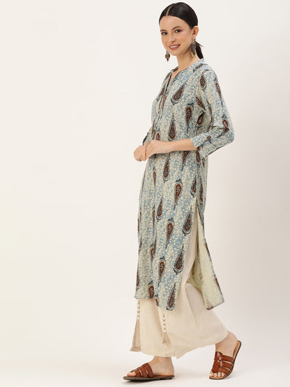 Blue & Multicolored Ethnic motifs Printed Mandarin Collar Kurta