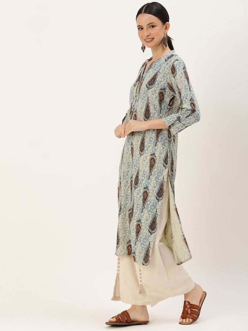 Blue & Multicolored Ethnic Motifs Printed Mandarin Collar Kurta