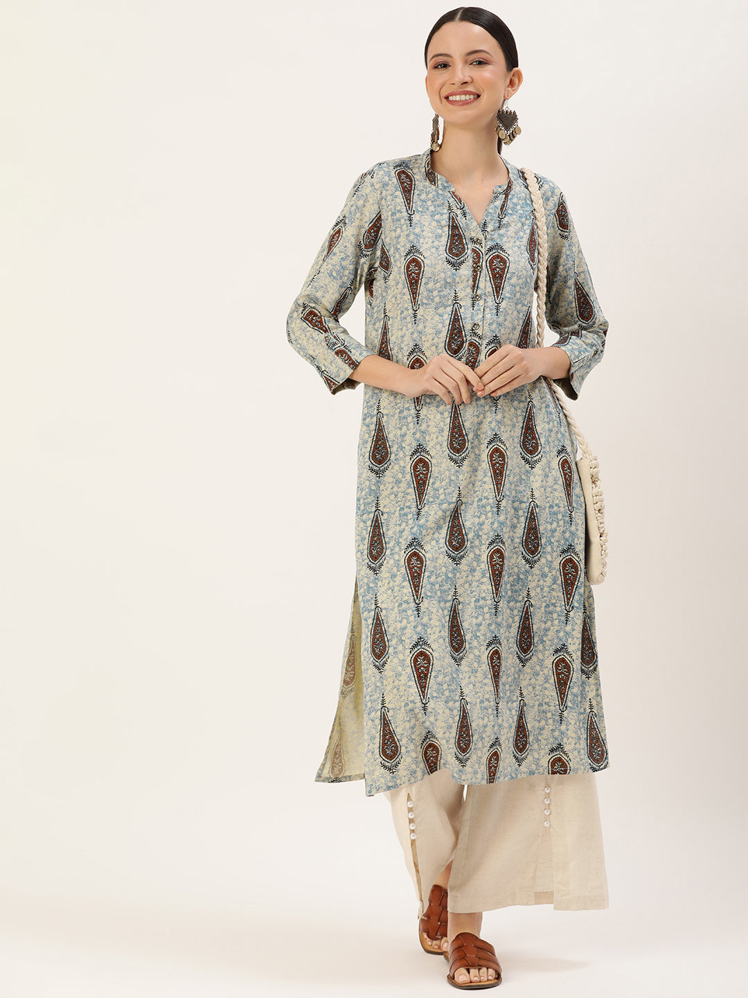 Blue & Multicolored Ethnic motifs Printed Mandarin Collar Kurta