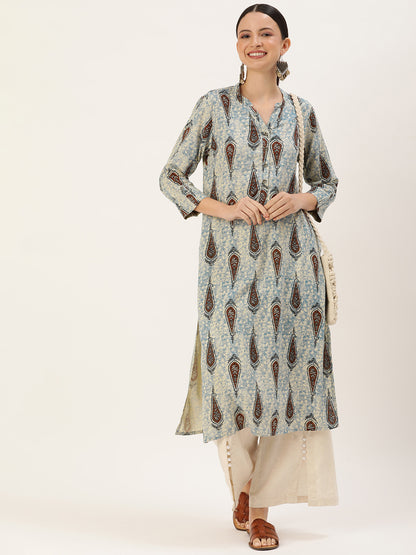 Blue & Multicolored Ethnic motifs Printed Mandarin Collar Kurta