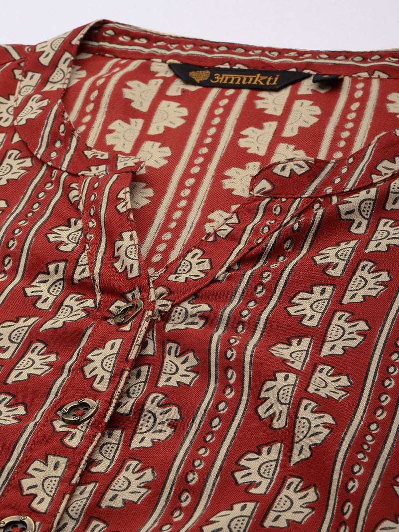 Rest & Beige Ethnic Motifs Printed Mandarin Collar Kurta