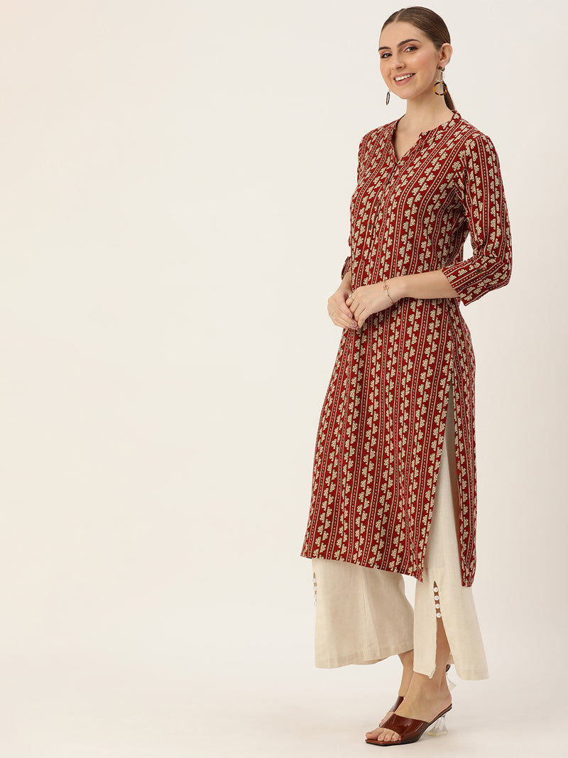Rest & Beige Ethnic Motifs Printed Mandarin Collar Kurta