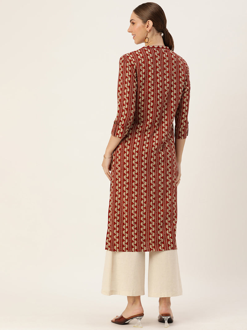 Rest & Beige Ethnic Motifs Printed Mandarin Collar Kurta