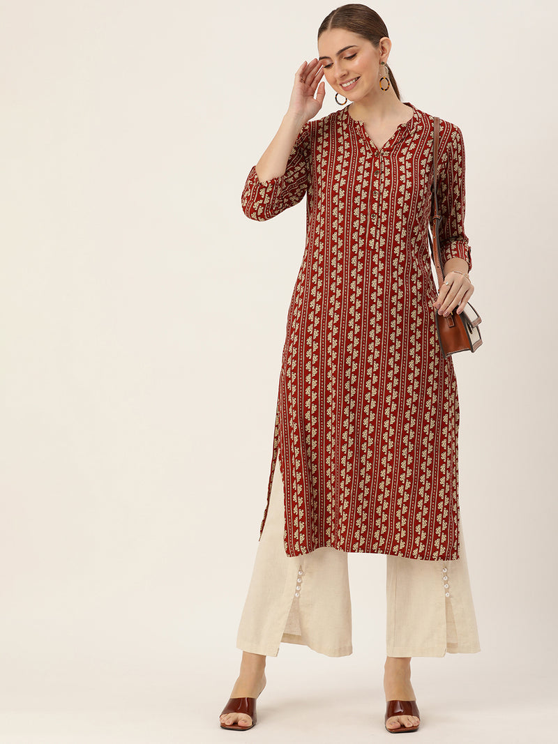 Rest & Beige Ethnic Motifs Printed Mandarin Collar Kurta