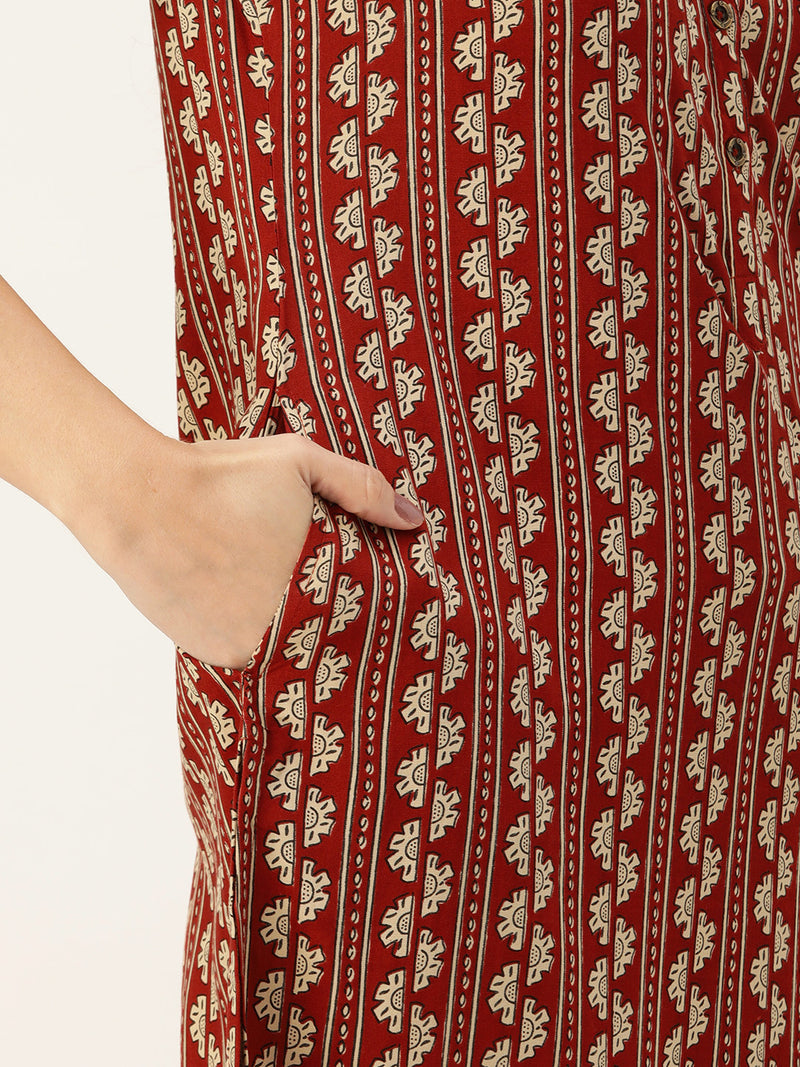 Rest & Beige Ethnic Motifs Printed Mandarin Collar Kurta