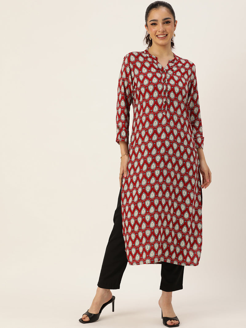Red & White Ethnic Motifs Printed Mandarin Collar Kurta