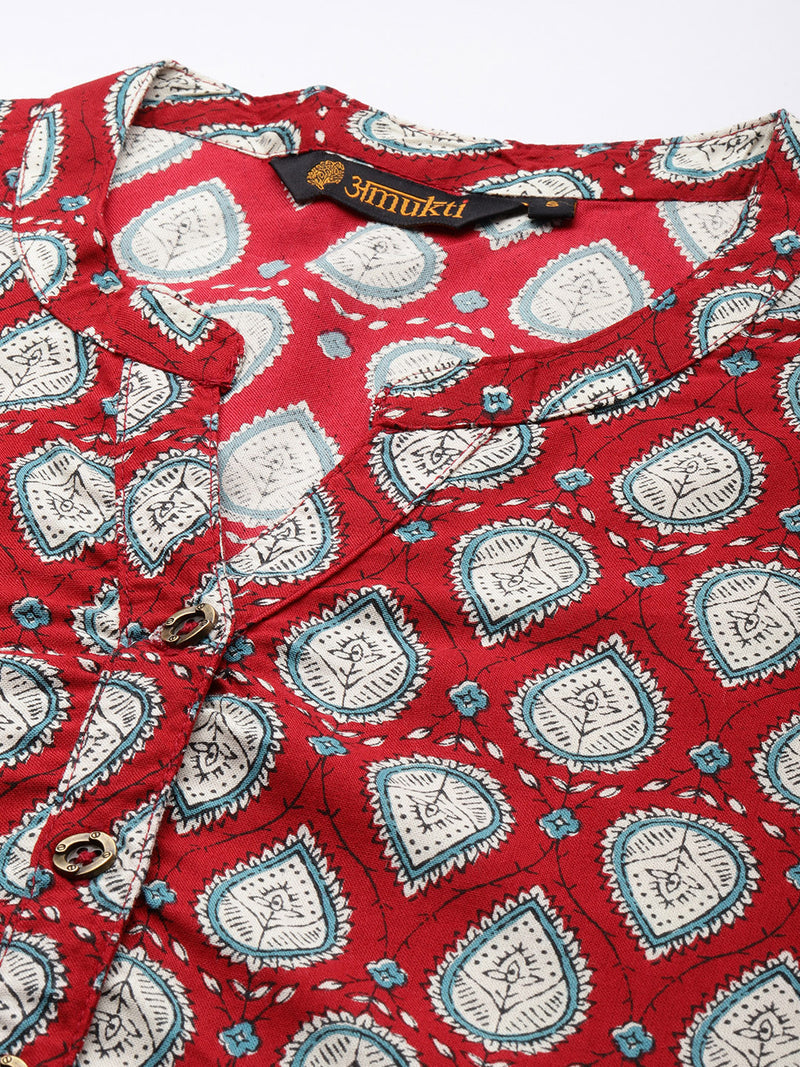 Red & White Ethnic Motifs Printed Mandarin Collar Kurta