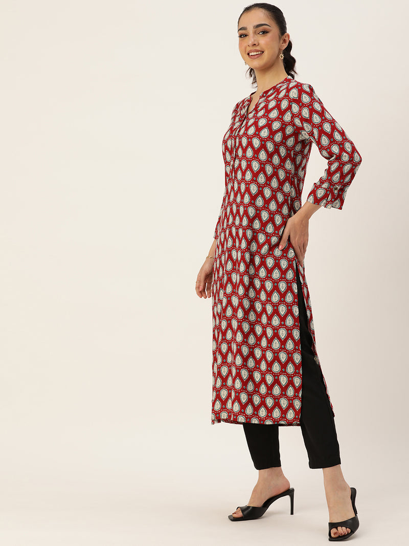 Red & White Ethnic Motifs Printed Mandarin Collar Kurta