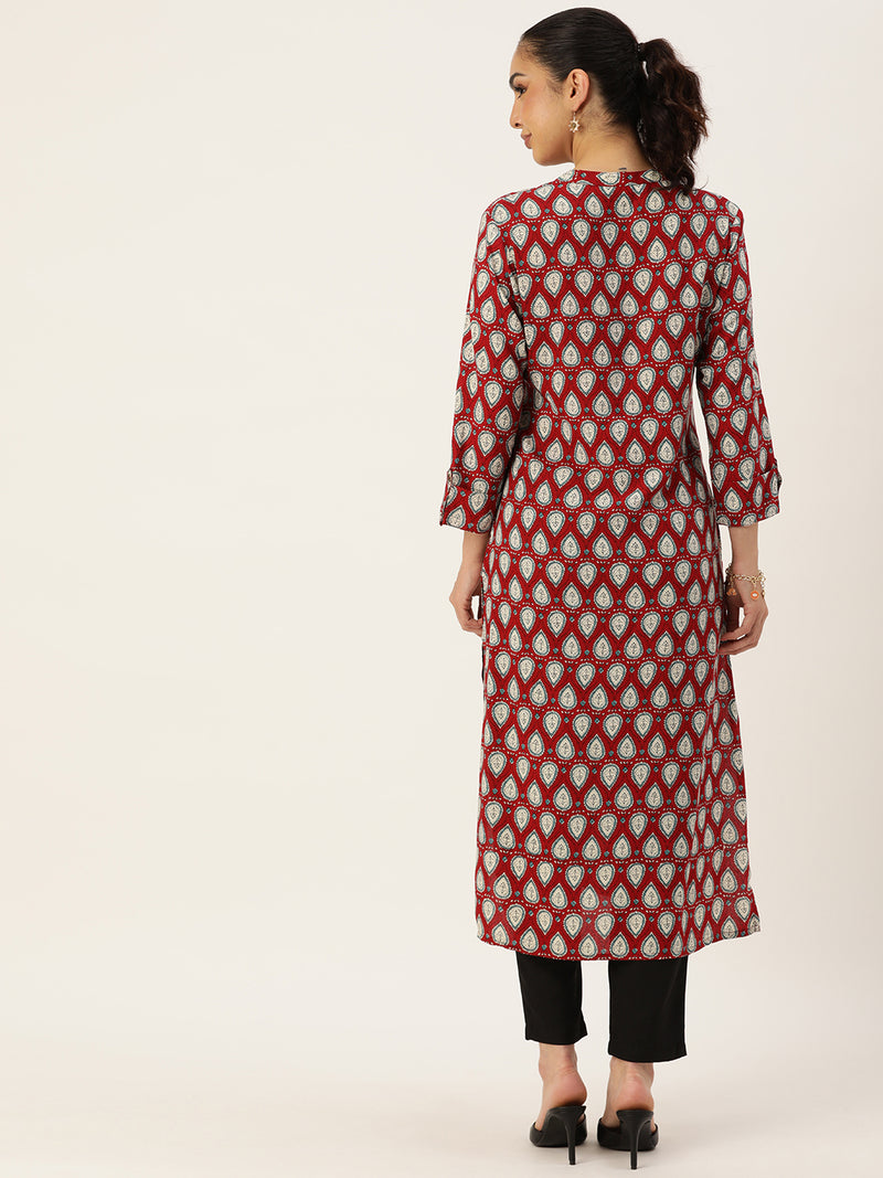 Red & White Ethnic Motifs Printed Mandarin Collar Kurta