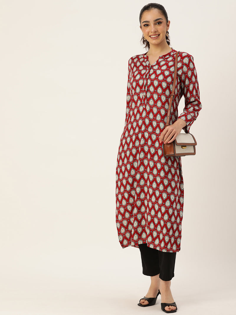 Red & White Ethnic Motifs Printed Mandarin Collar Kurta