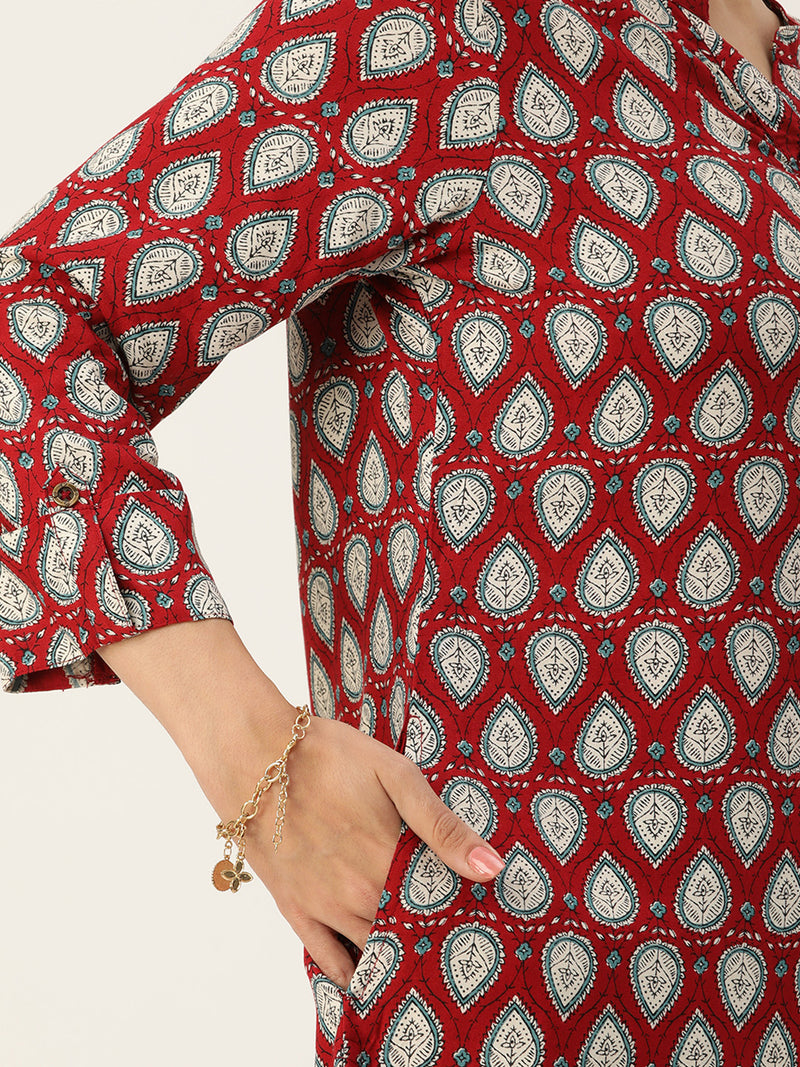 Red & White Ethnic Motifs Printed Mandarin Collar Kurta