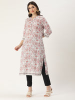 White & Grey Floral Printed Straight Cut Kurta