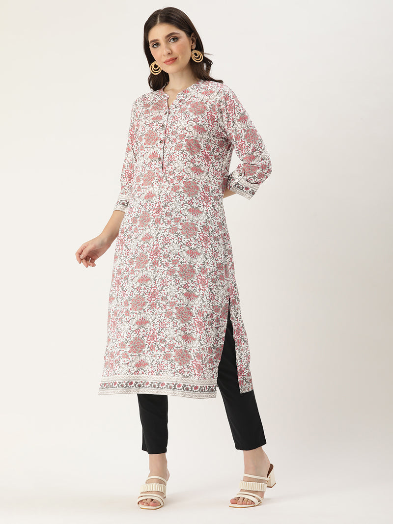 White & Grey Floral Printed Straight Cut Kurta