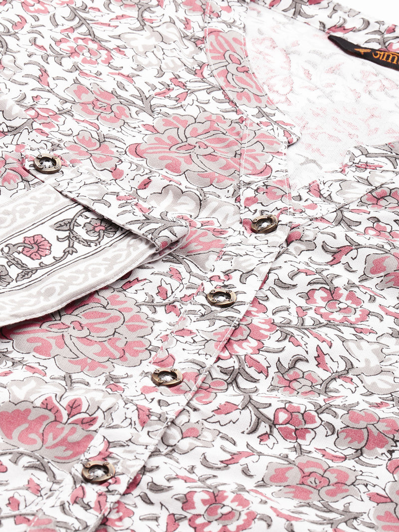 White & Grey Floral Printed Straight Cut Kurta