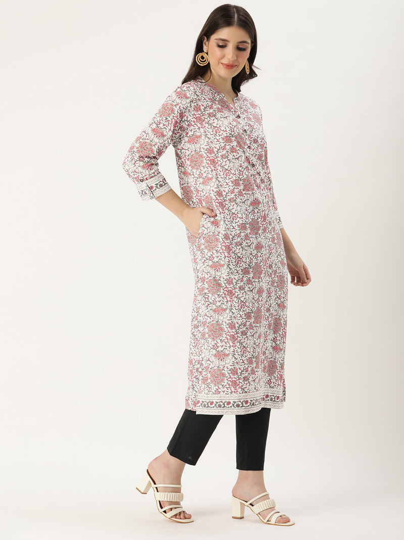 White & Grey Floral Printed Straight Cut Kurta