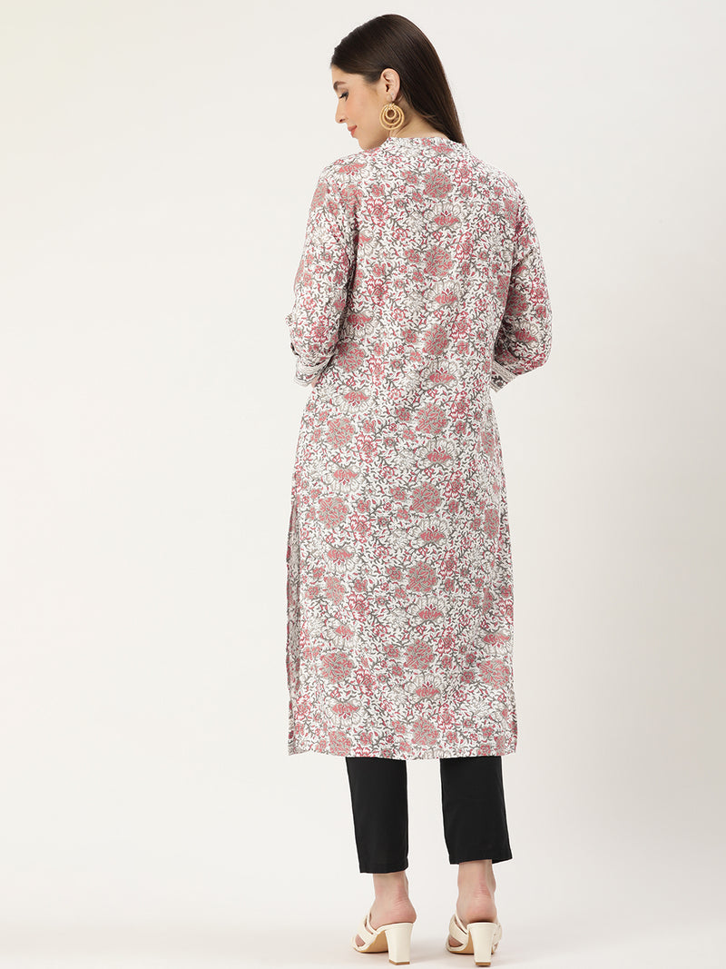 White & Grey Floral Printed Straight Cut Kurta
