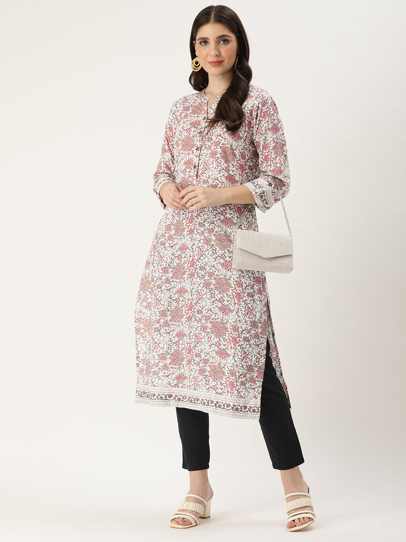 White & Grey Floral Printed Straight Cut Kurta