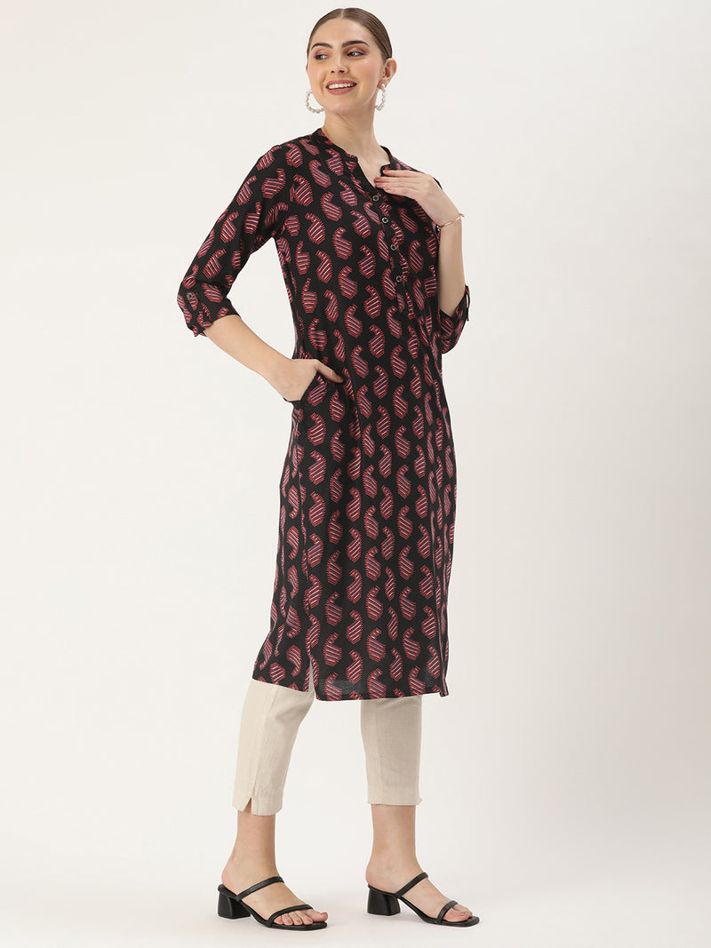 Black Paisley Printed Straight Cut Kurta