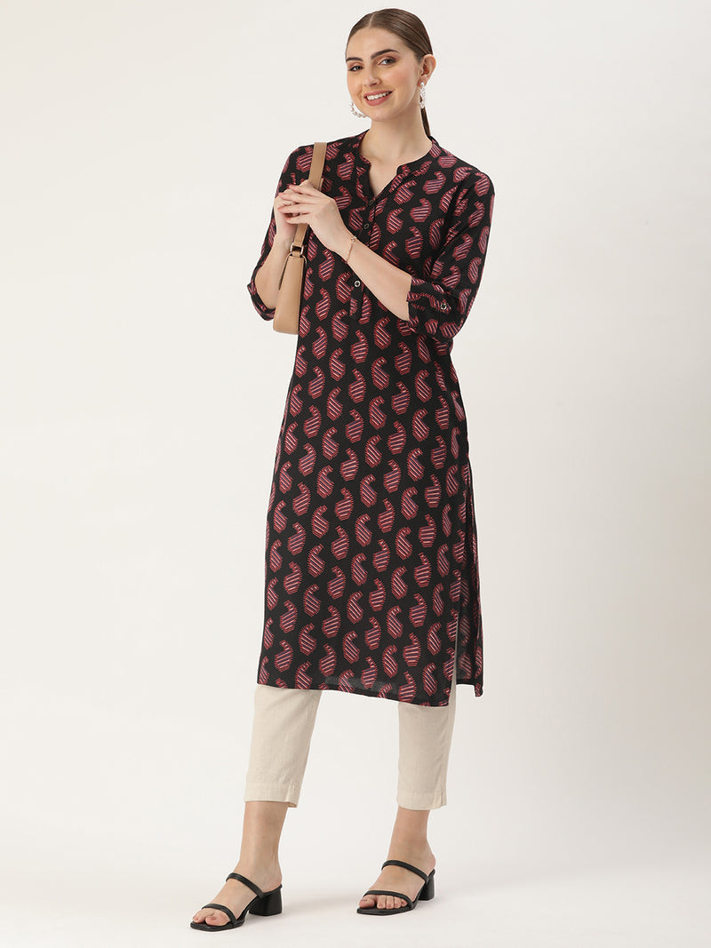 Black Paisley Printed Straight Cut Kurta