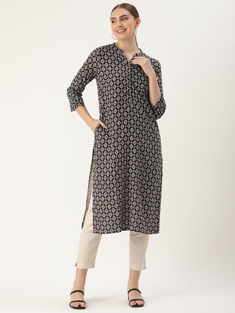 Black Abstract Printed Straight Cut Kurta